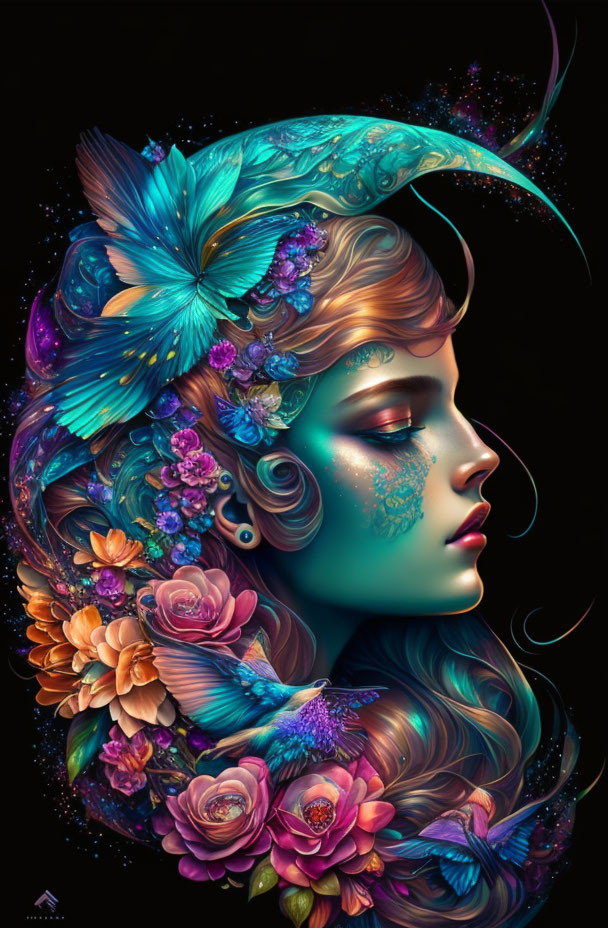 Colorful Woman with Floral and Butterfly Motifs in Abstract Cosmic Scene