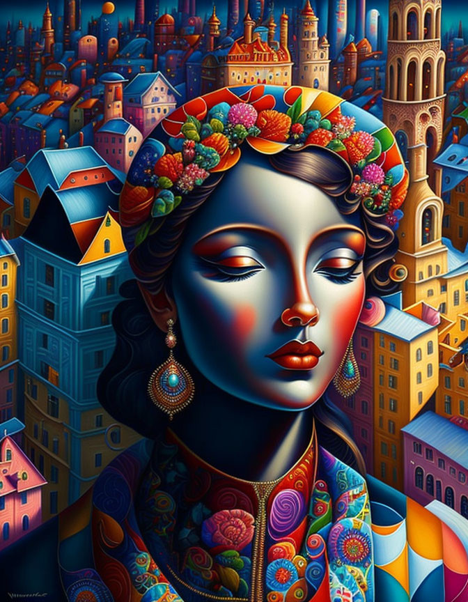 Colorful portrait of a woman with headscarf and earrings in whimsical setting