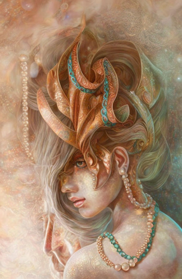 Fantasy Artwork: Woman with Swirling Hair and Copper Headdress