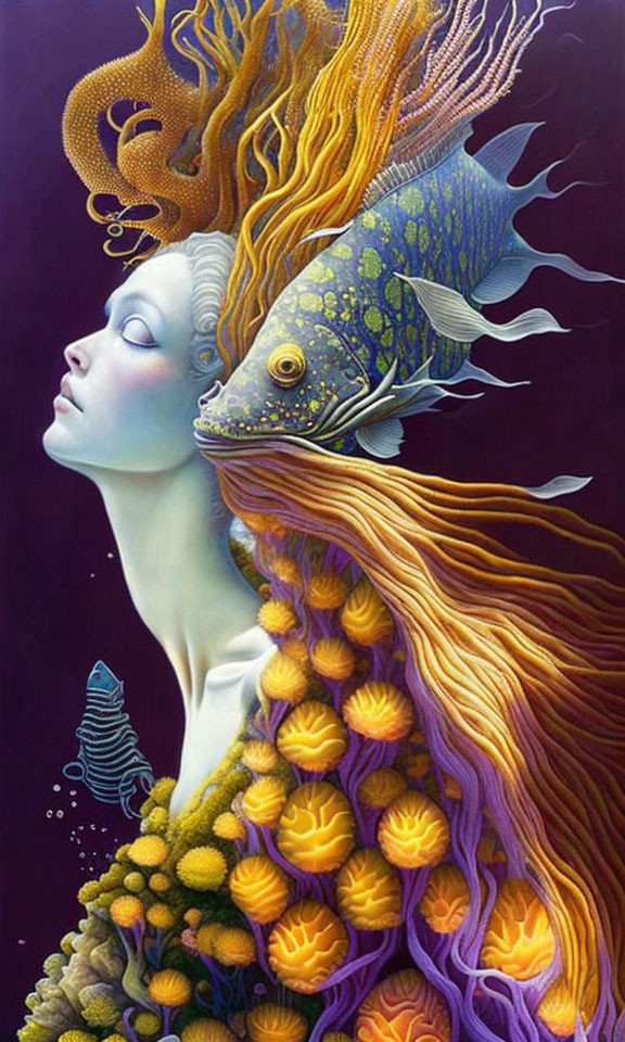 Vivid surreal portrait of a woman with aquatic elements