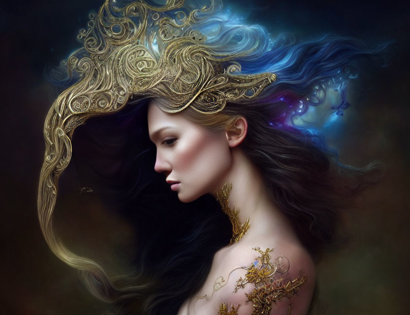 Ornate Gold Headpiece Woman with Flowing Hair in Mystical Cloud