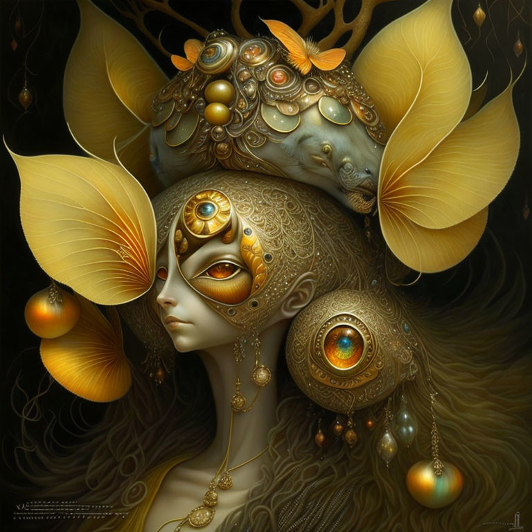 Surreal artwork of masked figure with golden embellishments