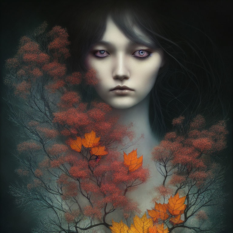 Woman with Autumn Leaves Hair in Dark Background with Purple Eyes