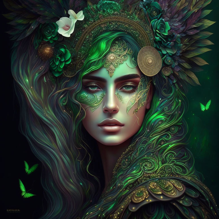 Fantasy-themed portrait of a woman adorned in green and gold with feathers and butterflies, emitting mystique