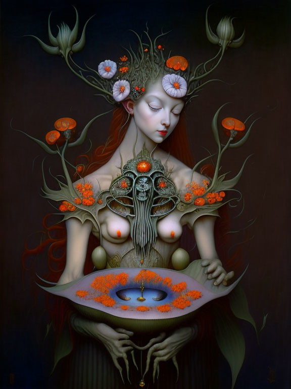 Woman intertwined with nature, flowers in hair, holding skull by serene pool