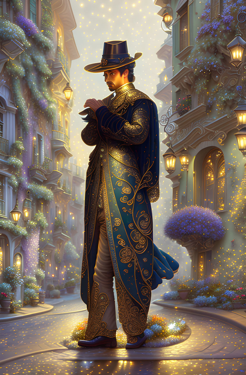 Man in ornate coat with gold designs in illuminated alley with pocket watch and glowing lights.