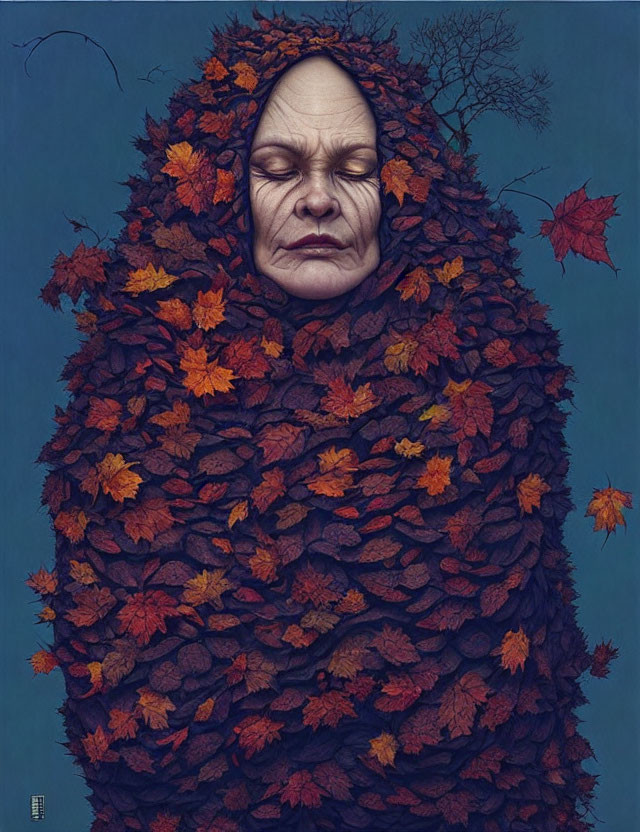 Person in Autumn Leaves Blanket with Peaceful Expression on Blue Backdrop