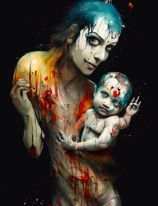 Blue-haired woman holding a baby splattered with red and yellow paint