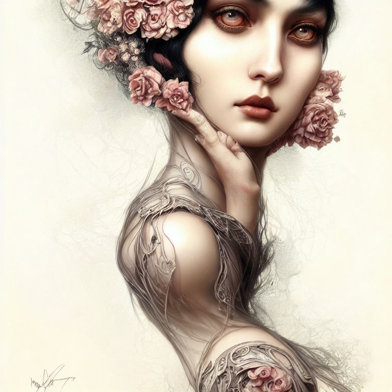 Illustrated portrait of a woman with floral hair adornments and subtle tattoos