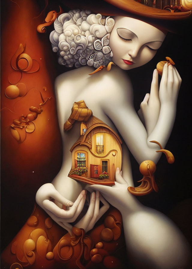 Surreal painting of woman with tree-like body and house in arms