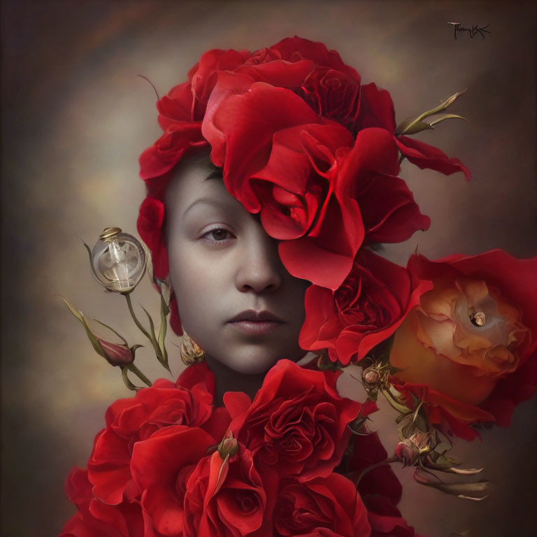 Portrait of person with red roses and buds, serene expression, and light bulb element