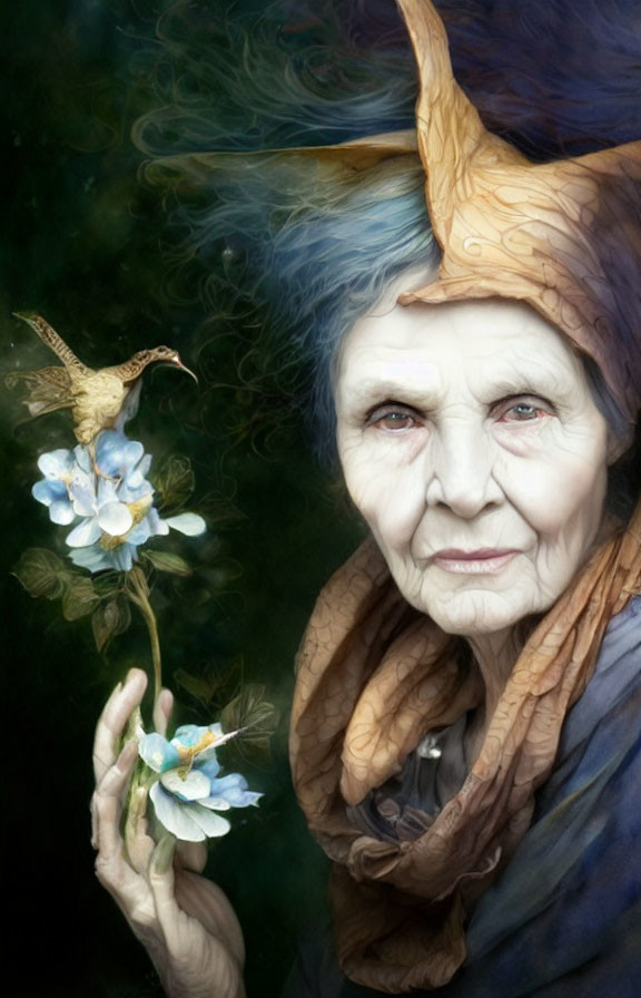 Elder lady with blue eyes in tree branch hat holds flower with bird in green backdrop