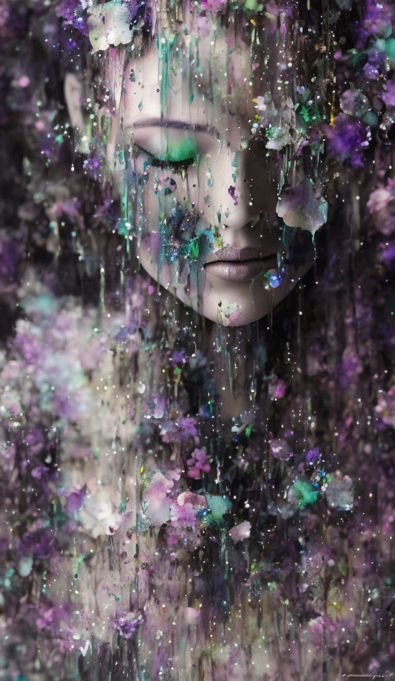 Surreal portrait of person's face with closed eyes and cascading flowers in dreamlike blend