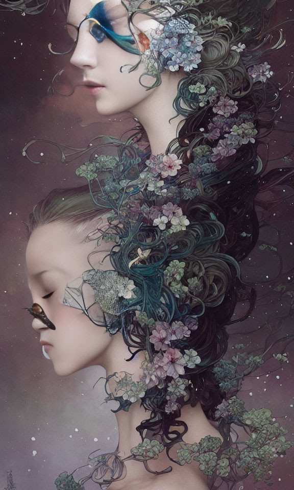 Surreal art of intertwined female profiles with flowers and wavy hair