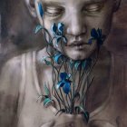 Surreal portrait of person's face with closed eyes and cascading flowers in dreamlike blend