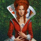 Vibrant red-haired woman with orange body paint in peacock feather setting