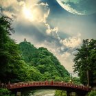 Enchanting forest path with red roses, lush greenery, and celestial light.