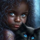 Fantasy illustration of person with blue eyes and mystical creatures