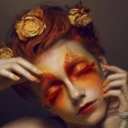 Surreal portrait blending woman's face with vibrant flora and ornate elements