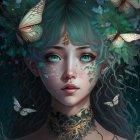 Fantasy portrait of woman with tree-like features and butterflies in a mystical nature setting