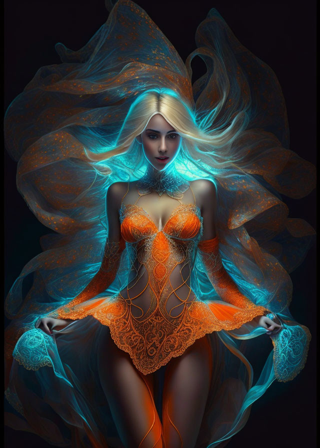 Digital artwork featuring woman in orange and blue attire with mystical aura