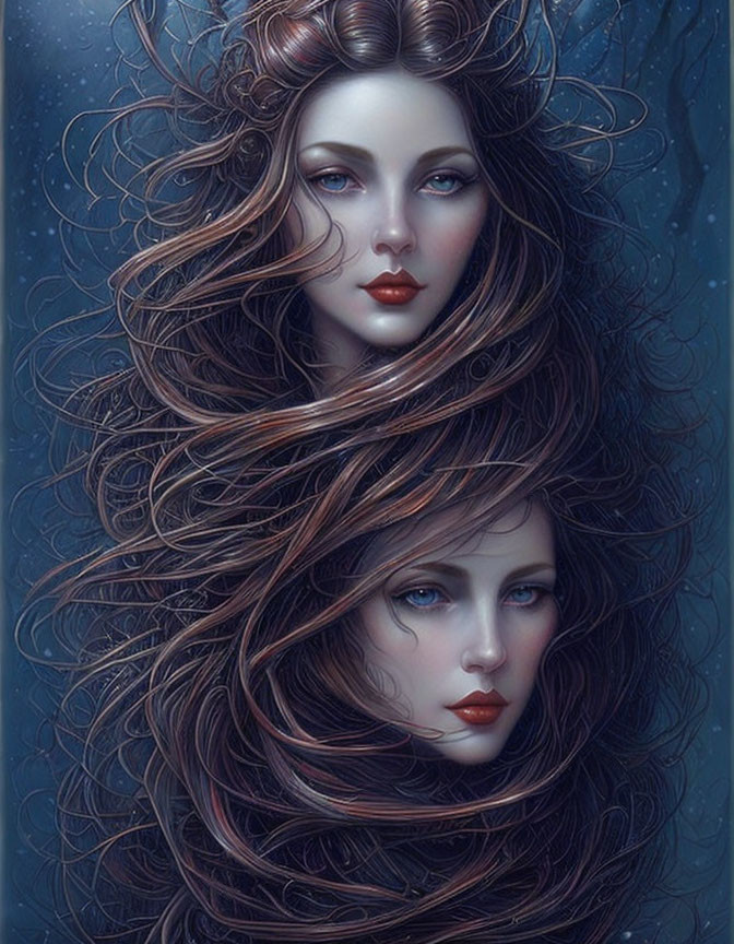 Stylized female faces with wavy brown hair on dark blue background