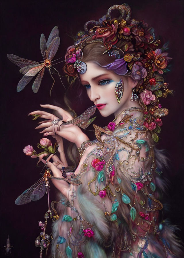 Ethereal female figure with floral adornments and dragonflies on dark background