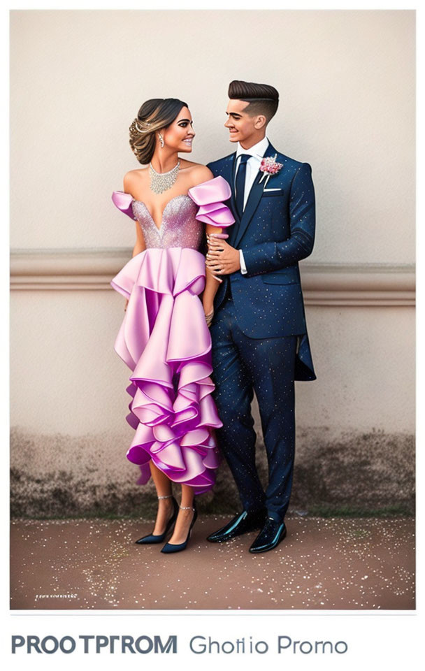 Formal Couple in Pink Dress and Navy Suit Against Wall