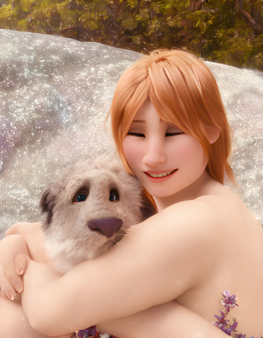 Smiling woman with brown hair embracing fluffy dog in magical setting