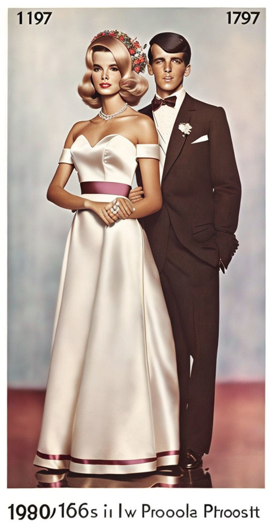 Vintage illustration: Couple in formal attire, woman in white off-shoulder gown with pink waistband