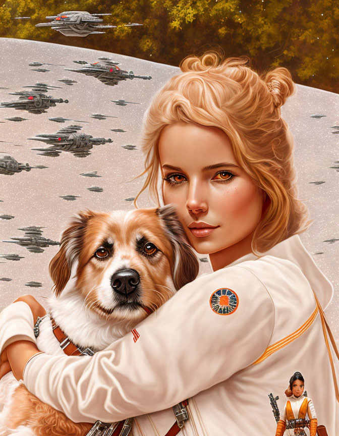 Woman with elaborate hairstyles holding a dog amidst flying spaceships in sci-fi setting