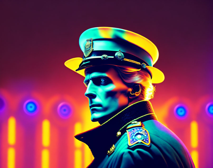 Colorful digital artwork: Man in police uniform with neon palette & abstract circles.