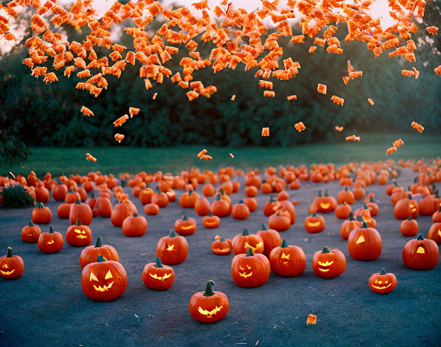 Pumpkin patch with illuminated jack-o'-lanterns and autumn leaves at dusk