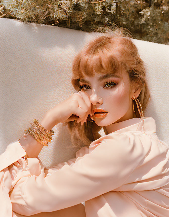 Glamorous woman with gold jewelry and pastel blouse reclining on sofa