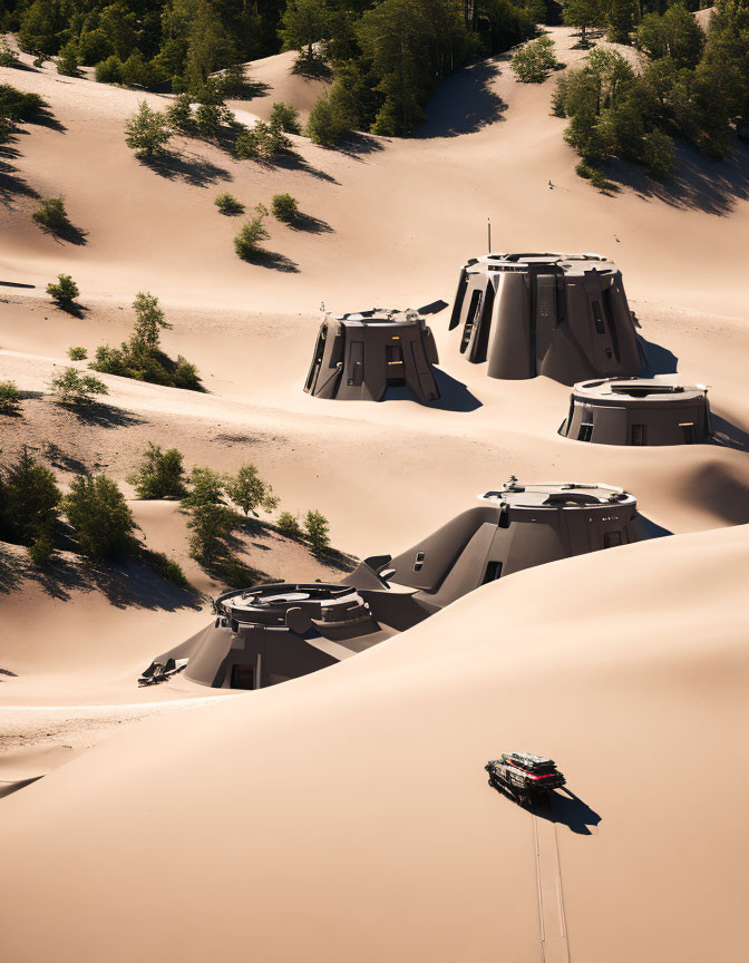 Futuristic space capsule buildings in desert landscape with vehicle tracks