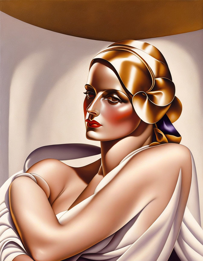 Stylized 1930s woman with golden headwrap and red lipstick