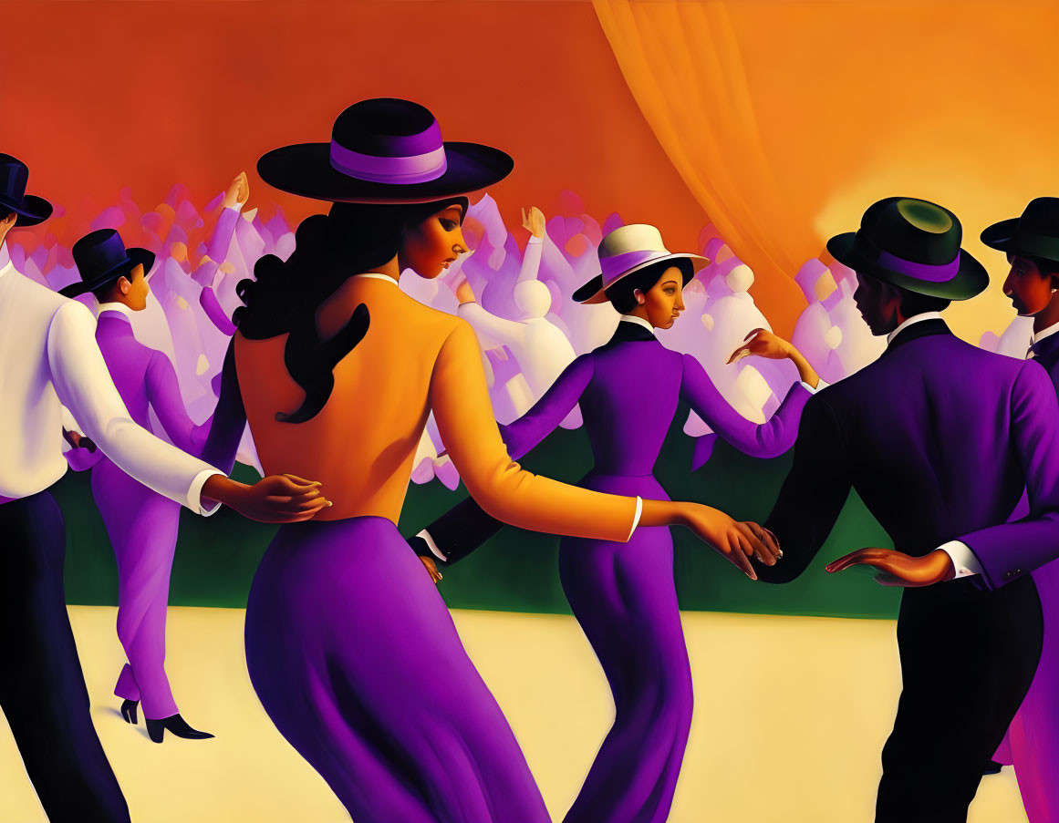 Stylish figures in purple dresses dancing in vibrant setting