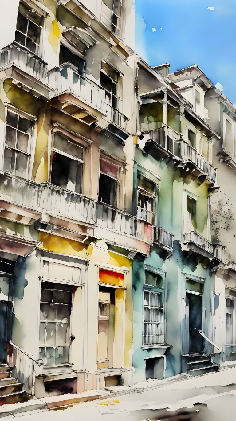 Urban street scene watercolor painting: aged buildings, peeling paint, balconies, decay, history