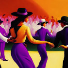 Stylish figures in purple dresses dancing in vibrant setting