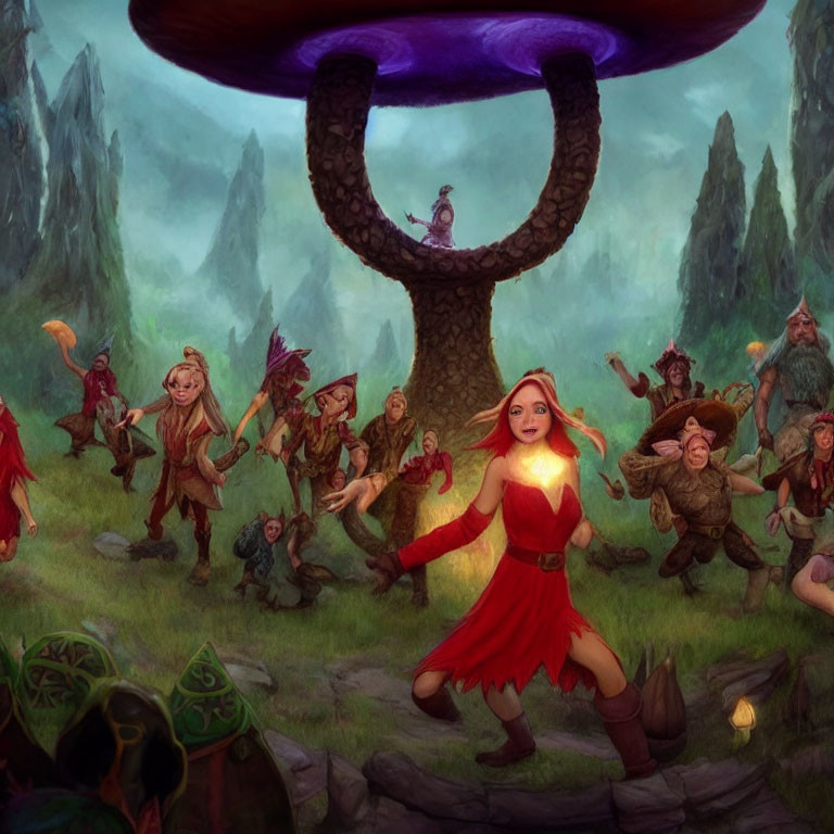 Colorful Forest Gathering with Dwarves and Dancing Woman