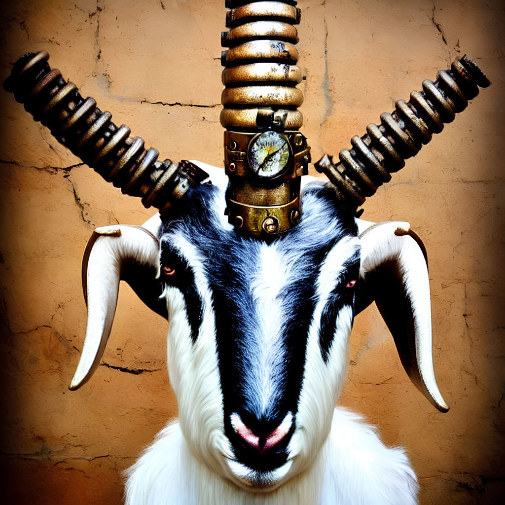 Steampunk-themed goat with ornate headpiece on tan wall.