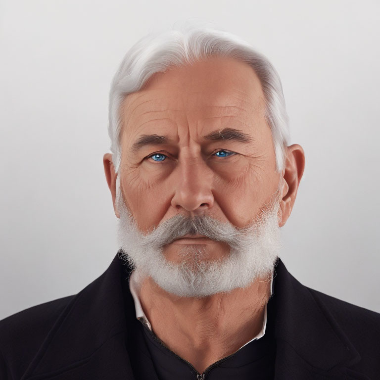 Elderly man with white beard and mustache in black shirt on light background