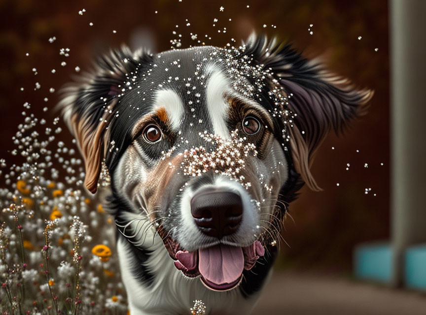 Speckled dog surrounded by white flowers in close-up view