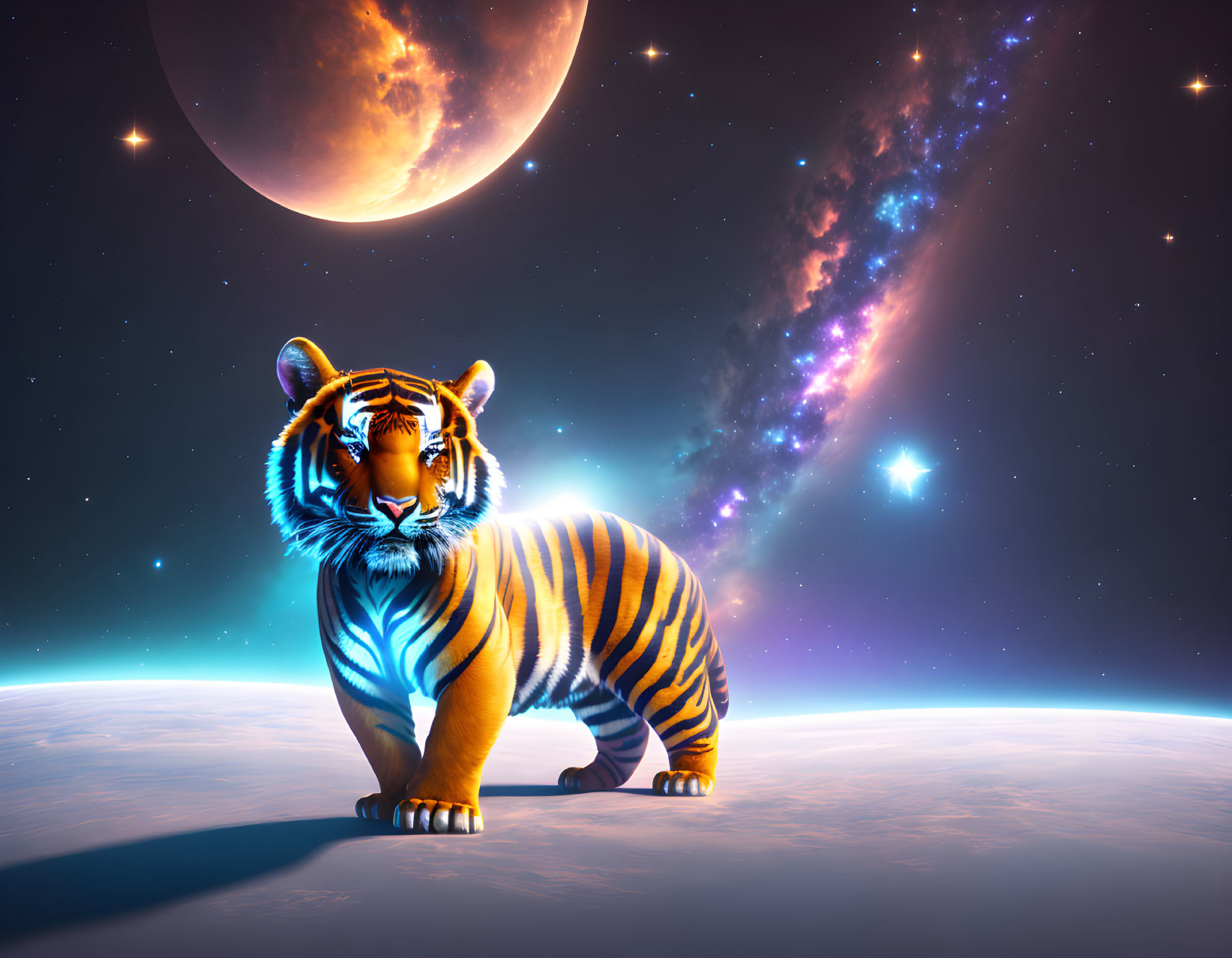 Colorful Tiger on Alien World with Moon and Galaxy Background