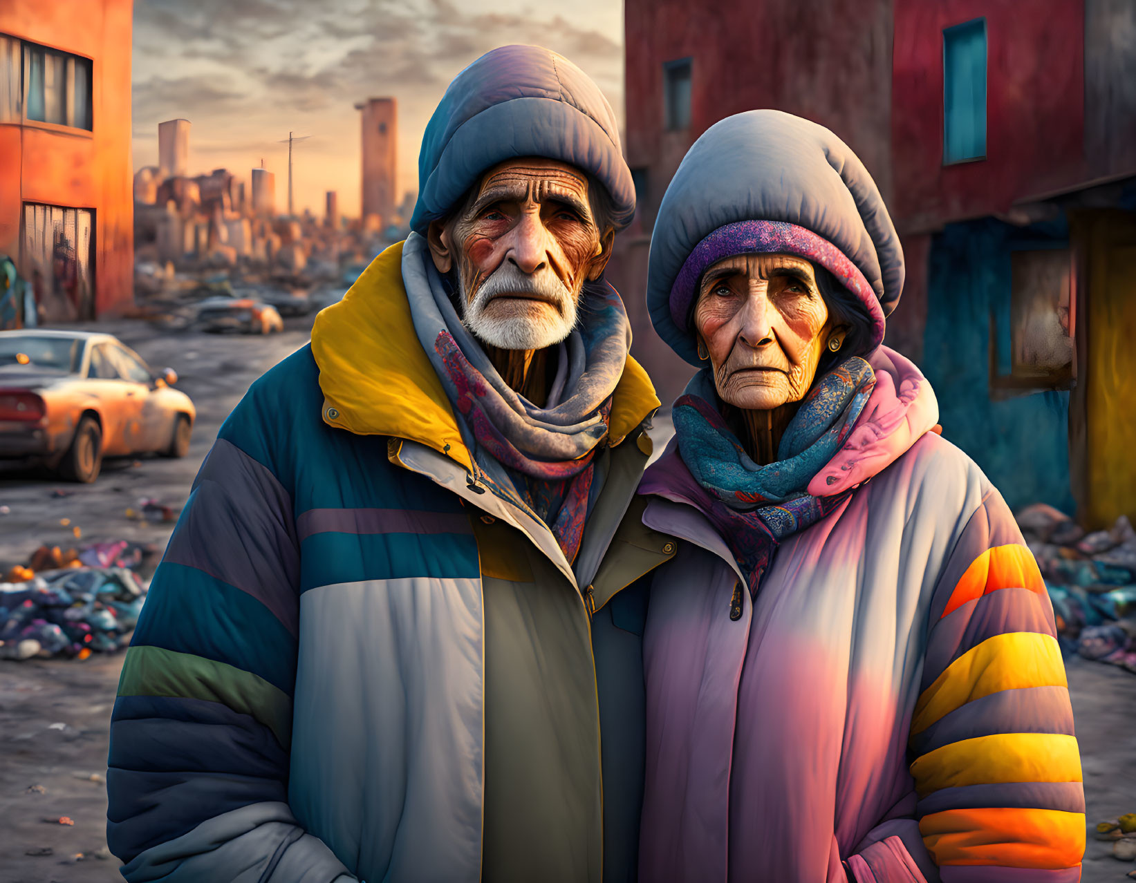 Elderly Couple in Colorful Puffy Jackets in Urban Setting