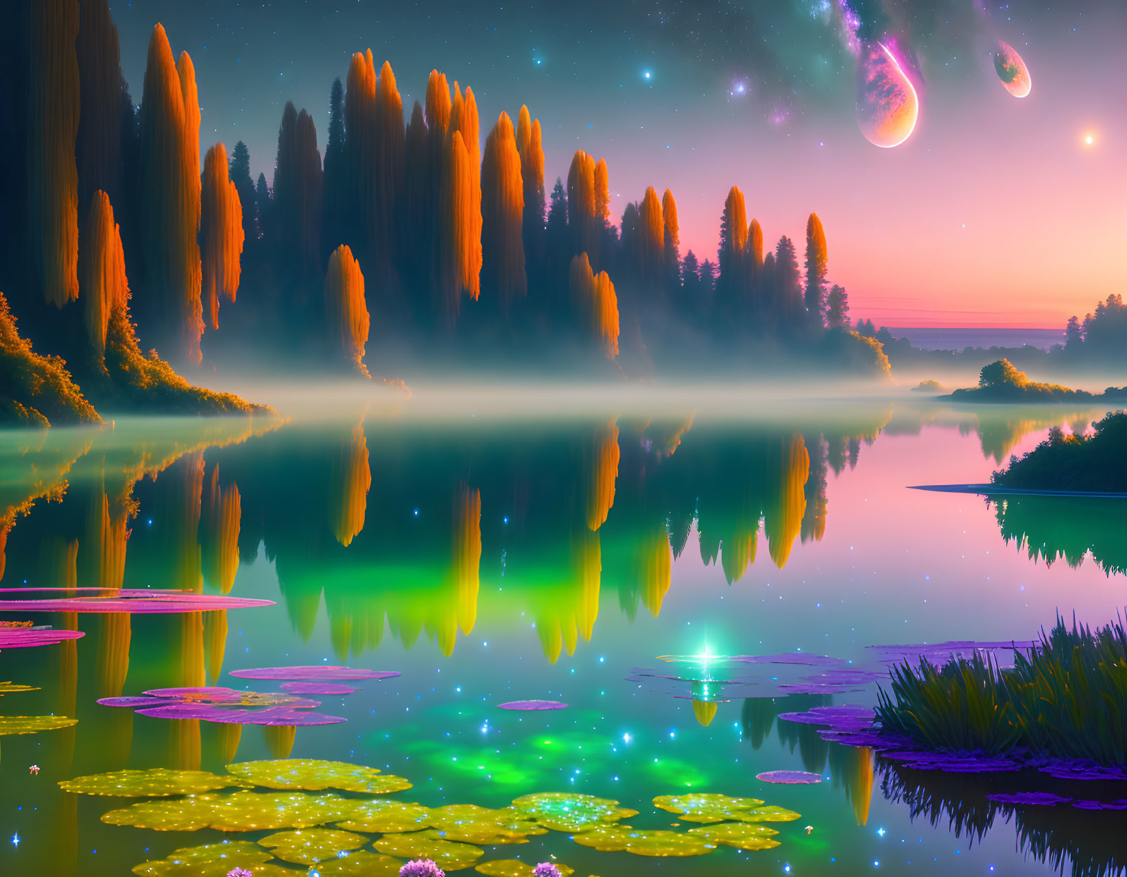 Twilight lake scene: water lilies, mirrored landscape, twin moons