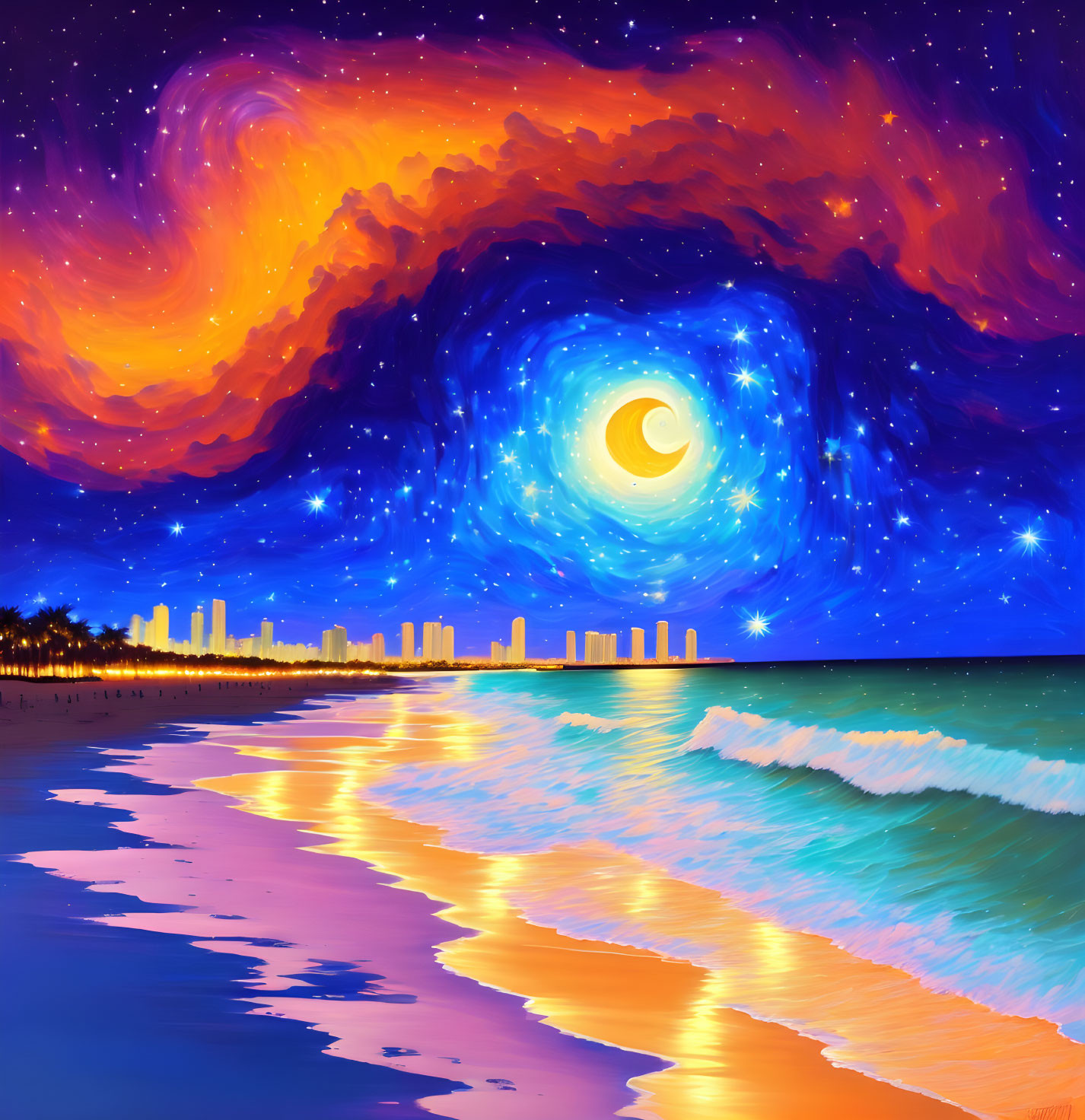 Surreal night beachscape with starry sky, city skyline, and crescent moon