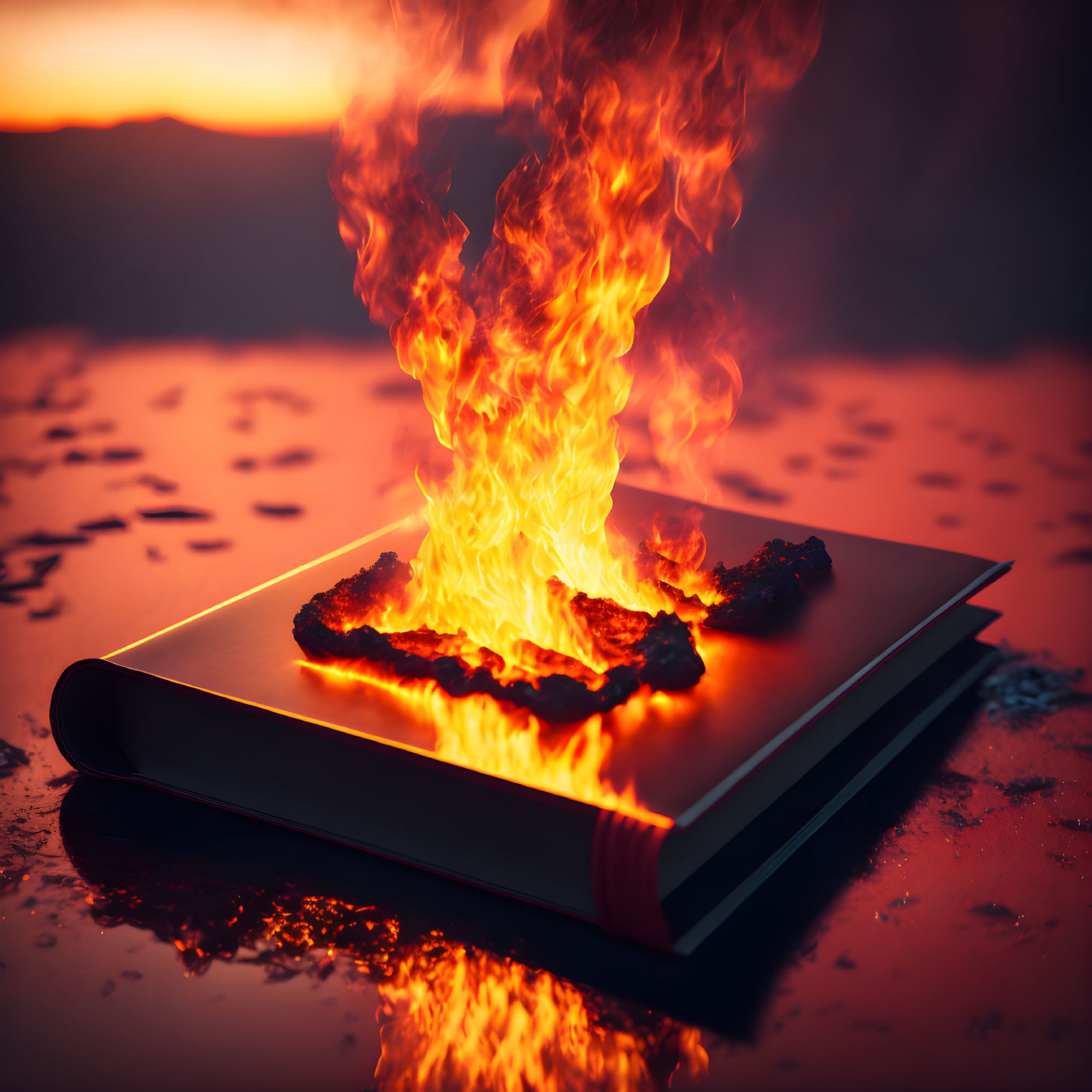 Book with burning page against fiery background symbolizes dramatic event