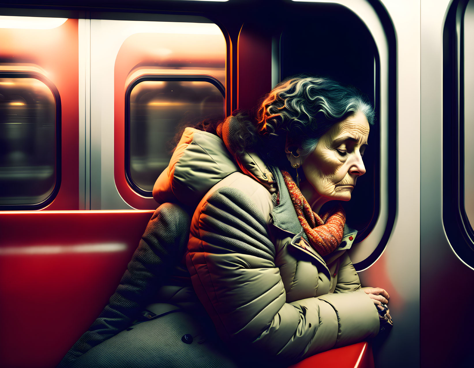 Elderly woman with gray hair in coat and scarf gazes out train window at night