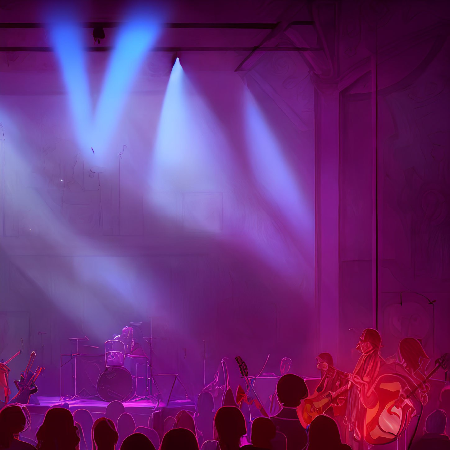 Colorful concert scene with blue and purple stage lights, musicians playing guitars, and an enthusiastic crowd.